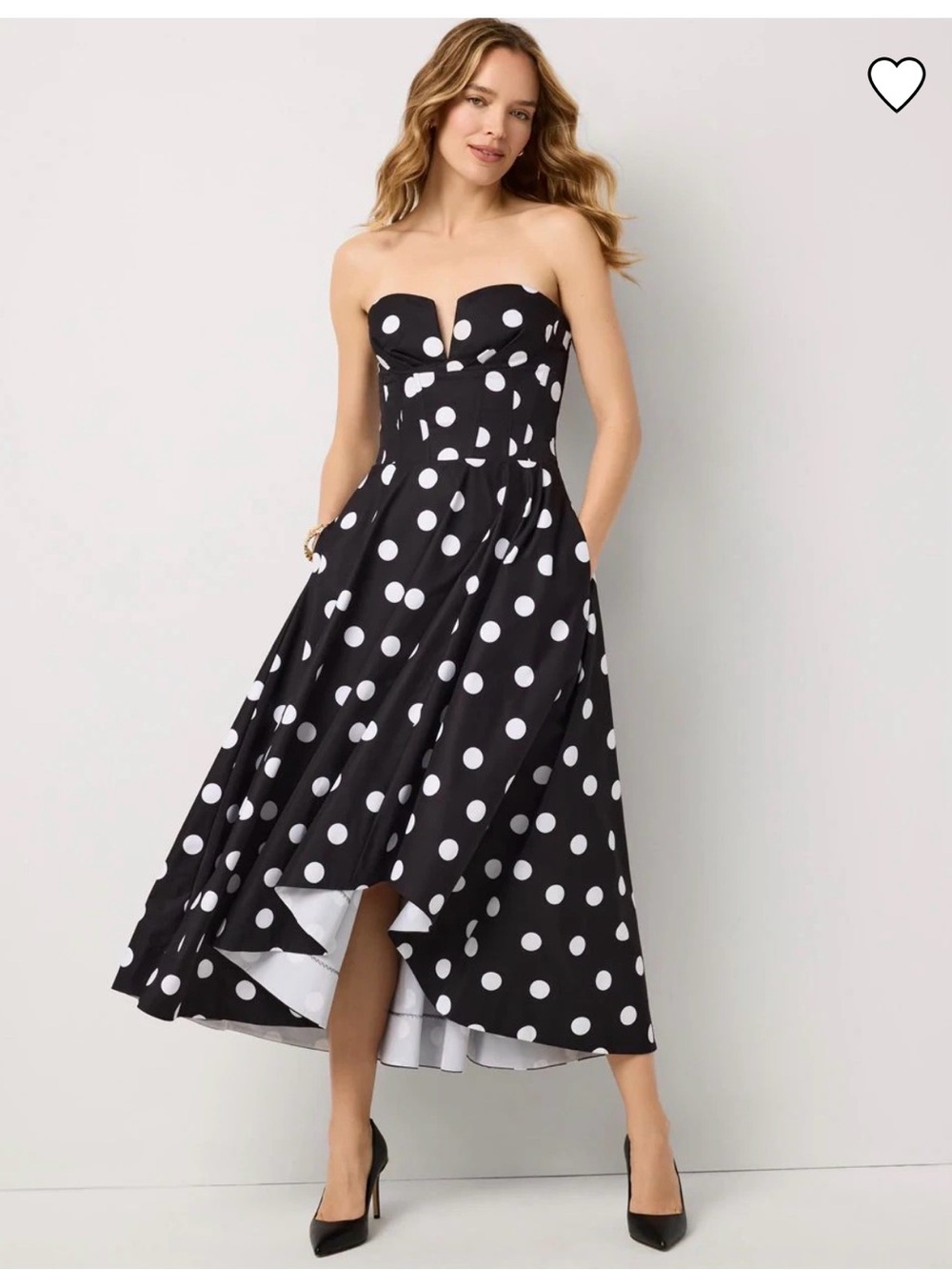 Strapless Fit + Flare Midi Dress I Strapless Black and White Polka Dot Midi Dres